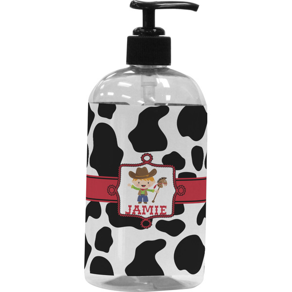 Custom Cowprint w/Cowboy Plastic Soap / Lotion Dispenser (16 oz - Large - Black) (Personalized)