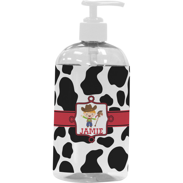 Custom Cowprint w/Cowboy Plastic Soap / Lotion Dispenser (16 oz - Large - White) (Personalized)
