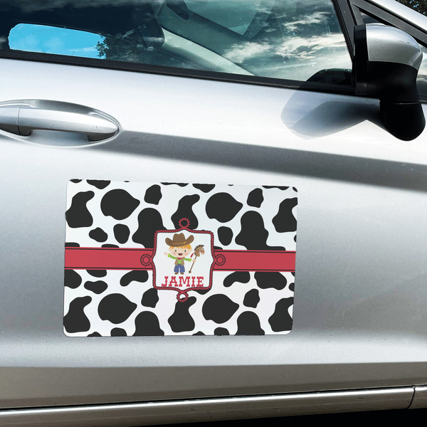 Cowprint w/Cowboy Large Rectangle Car Magnets- In Context