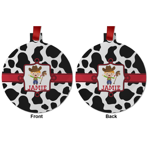 Cowprint w/Cowboy Metal Ball Ornament - Front and Back