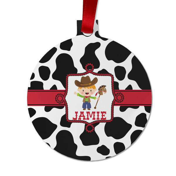Custom Cowprint w/Cowboy Metal Ball Ornament - Double Sided w/ Name or Text