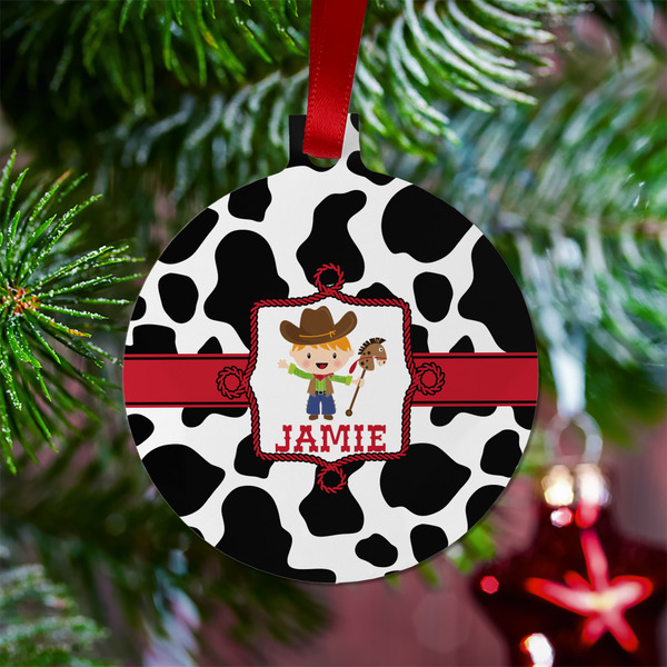 Cowprint w/Cowboy Metal Ball Ornament - Lifestyle