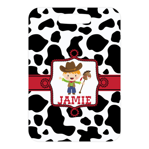 Cowprint w/Cowboy Metal Luggage Tag - Front Without Strap