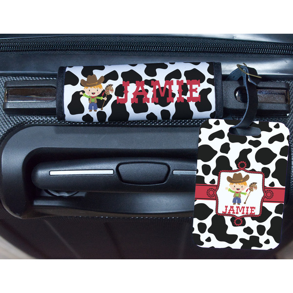 Cowprint w/Cowboy Metal Luggage Tag & Handle Wrap - In Context