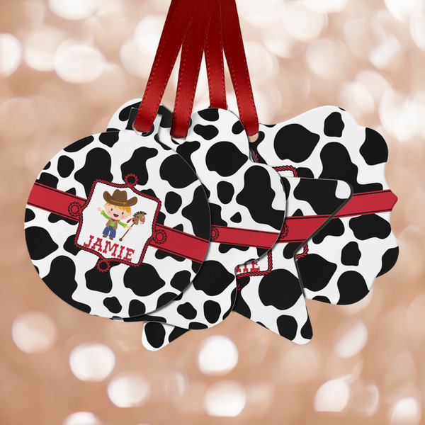 Custom Cowprint w/Cowboy Metal Ornaments - Double Sided w/ Name or Text