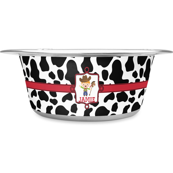 Custom Cowprint w/Cowboy Stainless Steel Dog Bowl - Large (Personalized)