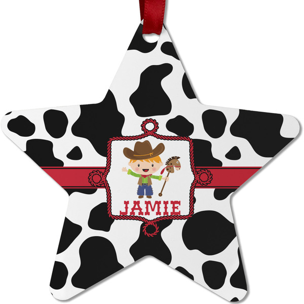 Custom Cowprint w/Cowboy Metal Star Ornament - Double Sided w/ Name or Text