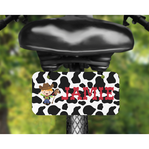 Cowprint w/Cowboy Mini License Plate on Bicycle - LIFESTYLE Two holes