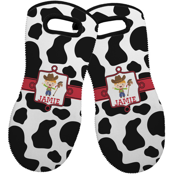 Custom Cowprint w/Cowboy Neoprene Oven Mitts - Set of 2 w/ Name or Text