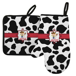Cowprint w/Cowboy Left Oven Mitt & Pot Holder Set w/ Name or Text
