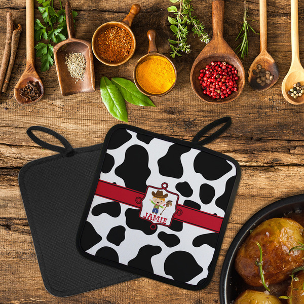 Cowprint w/Cowboy Neoprene Pot Holder - Set of 2  LIFESTYLE (Flatlay)