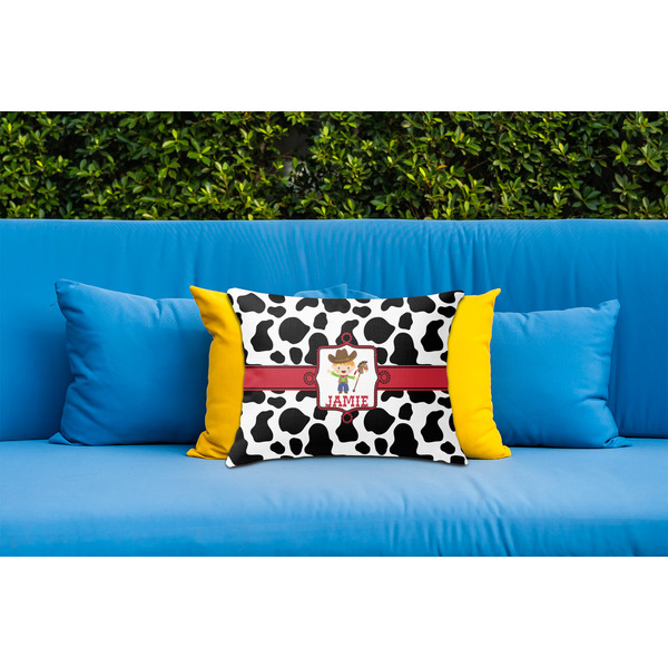 Cowprint w/Cowboy Outdoor Throw Pillow  - LIFESTYLE (Rectangular - 20x14)