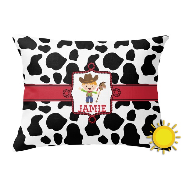 Custom Cowprint w/Cowboy Outdoor Throw Pillow (Rectangular) (Personalized)