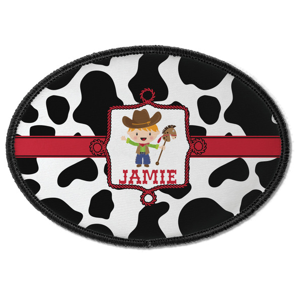 Custom Cowprint w/Cowboy Iron On Oval Patch w/ Name or Text
