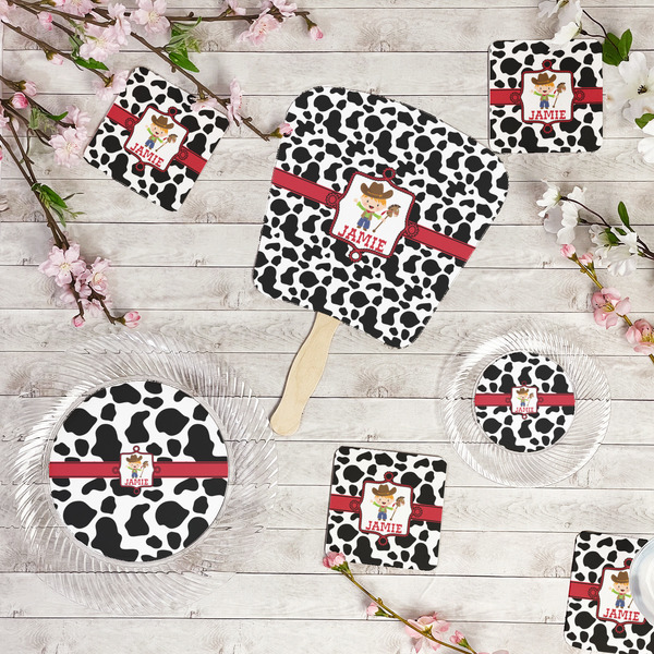 Cowprint w/Cowboy Party Supplies Combination Image - All items - Plates, Coasters, Fans