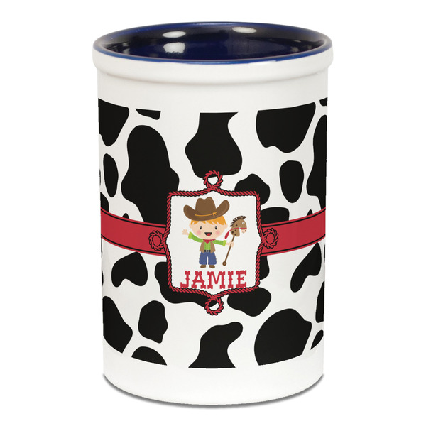 Cowprint w/Cowboy Pencil Holder - Blue