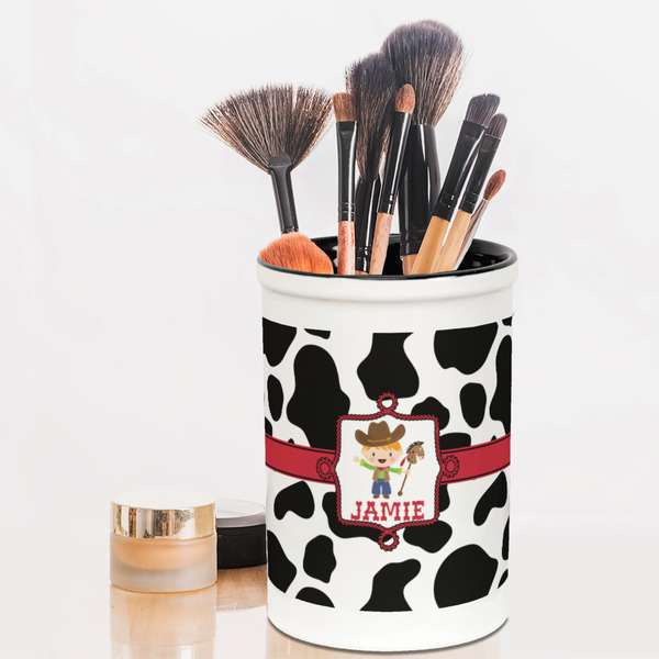 Cowprint w/Cowboy Pencil Holder - LIFESTYLE makeup