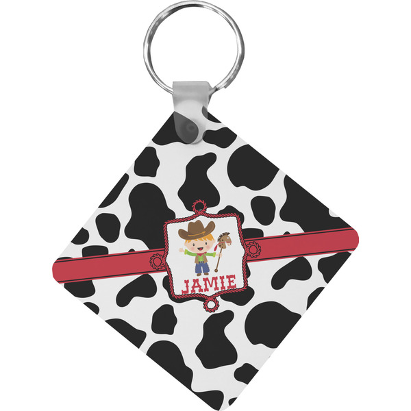Custom Cowprint w/Cowboy Diamond Plastic Keychain w/ Name or Text