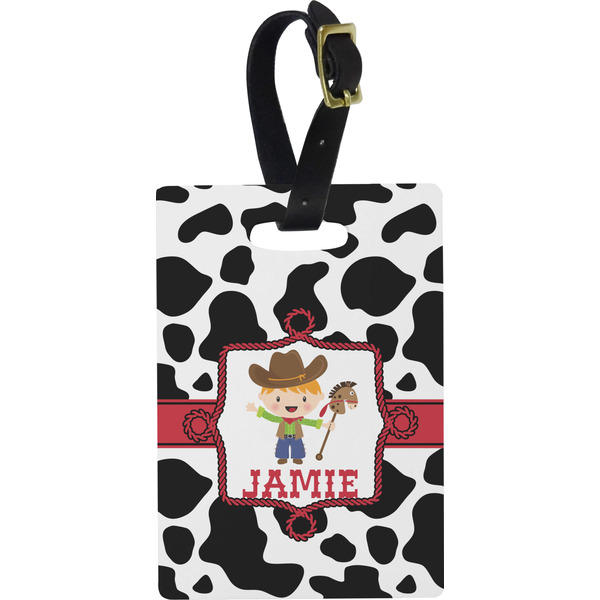 Custom Cowprint w/Cowboy Plastic Luggage Tag - Rectangular w/ Name or Text