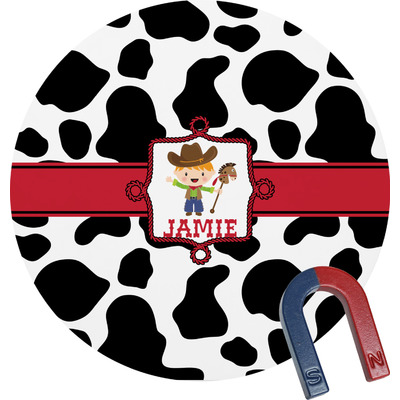Custom Cowprint w/Cowboy Round Fridge Magnet (Personalized)
