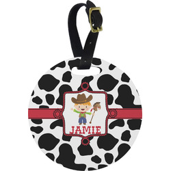 Cowprint w/Cowboy Plastic Luggage Tag - Round (Personalized)