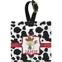 Cowprint w/Cowboy Plastic Luggage Tag - Square w/ Name or Text