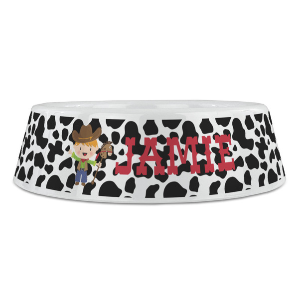Cowprint w/Cowboy Plastic Pet Bowls - Large - FRONT