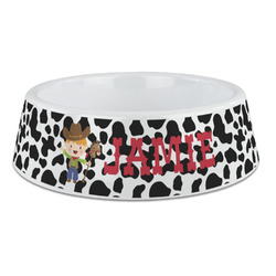 Cowprint w/Cowboy Plastic Dog Bowl - Large (Personalized)