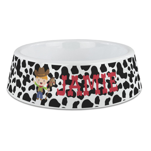 Custom Cowprint w/Cowboy Plastic Dog Bowl - Large (Personalized)