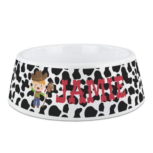 Custom Cowprint w/Cowboy Plastic Dog Bowl (Personalized)