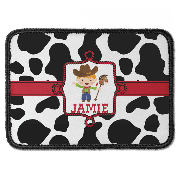 Custom Cowprint w/Cowboy Iron On Rectangle Patch w/ Name or Text