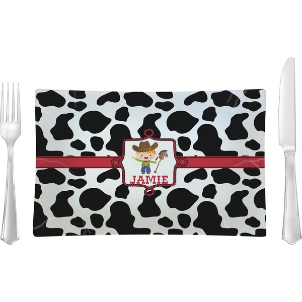 Custom Cowprint w/Cowboy Rectangular Glass Lunch / Dinner Plate - Single or Set (Personalized)