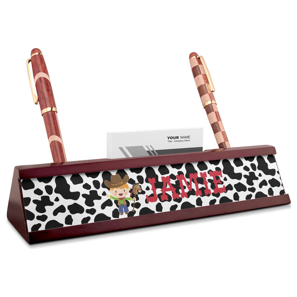 Custom Cowprint w/Cowboy Red Mahogany Nameplate with Business Card Holder (Personalized)