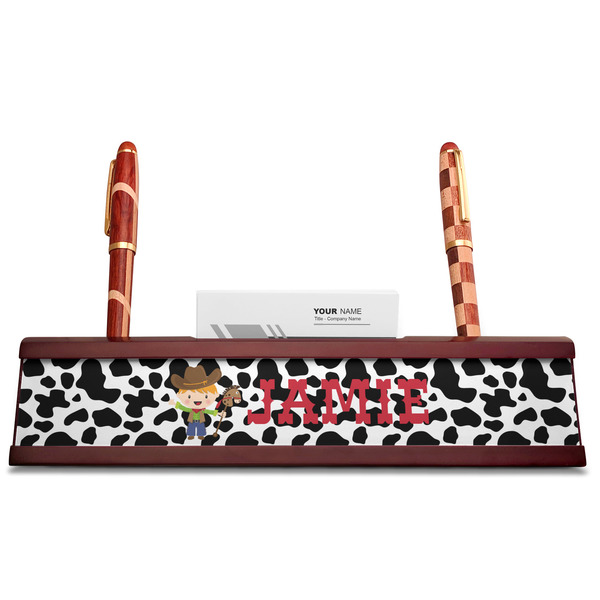 Cowprint w/Cowboy Red Mahogany Nameplates with Business Card Holder - Straight