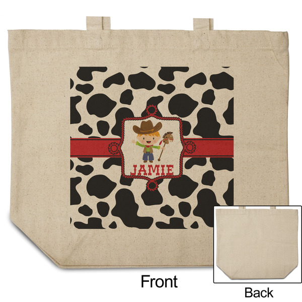 Cowprint w/Cowboy Reusable Cotton Grocery Bag - Front & Back View