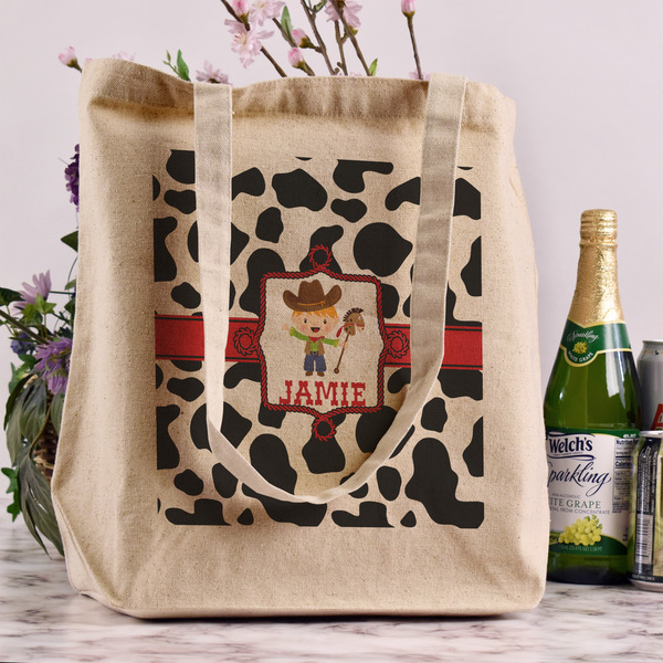 Cowprint w/Cowboy Reusable Cotton Grocery Bag - In Context