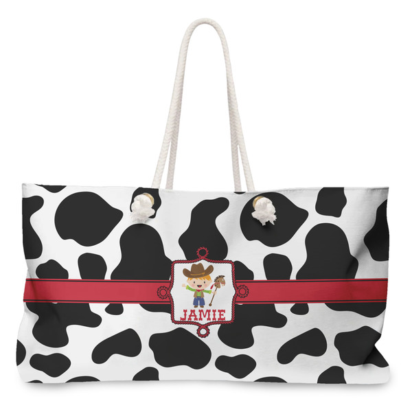 Custom Cowprint w/Cowboy Large Tote Bag with Rope Handles (Personalized)