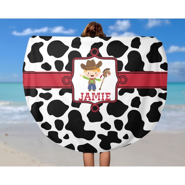 Cowprint w/Cowboy Round Beach Towel - In Use