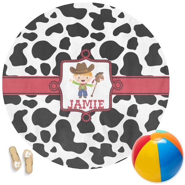 Custom Cowprint w/Cowboy Round Beach Towel (Personalized)