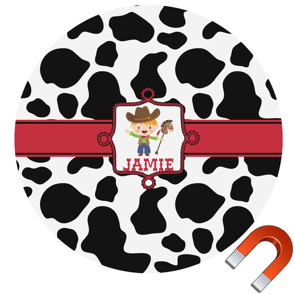 Custom Cowprint w/Cowboy Round Car Magnet - 6" (Personalized)