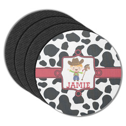Cowprint w/Cowboy Round Rubber Backed Coasters - Set of 4 (Personalized)
