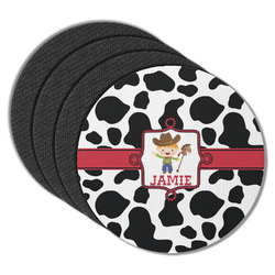 Cowprint w/Cowboy Round Rubber Backed Coasters - Set of 4 (Personalized)