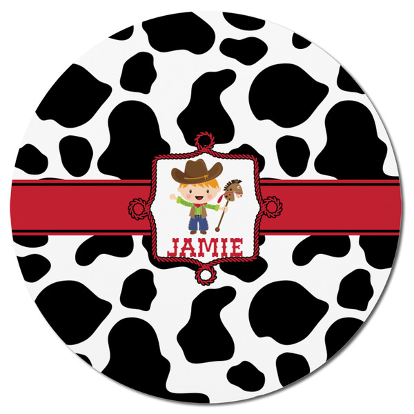 Cowprint w/Cowboy Round Fridge Magnet - FRONT