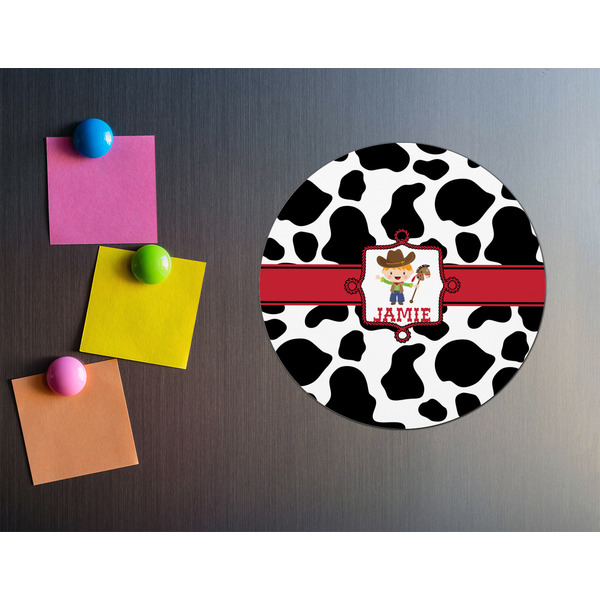 Cowprint w/Cowboy Round Fridge Magnet - LIFESTYLE