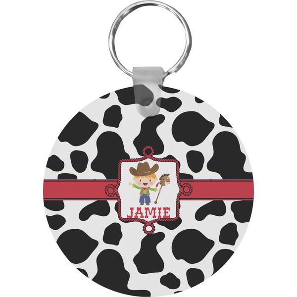 Custom Cowprint w/Cowboy Round Plastic Keychain (Personalized)