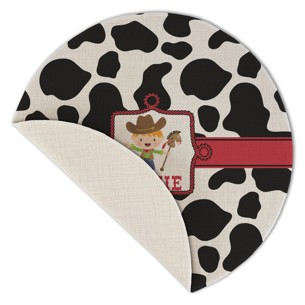Cowprint w/Cowboy Round Linen Placemats - Front (folded corner single sided)