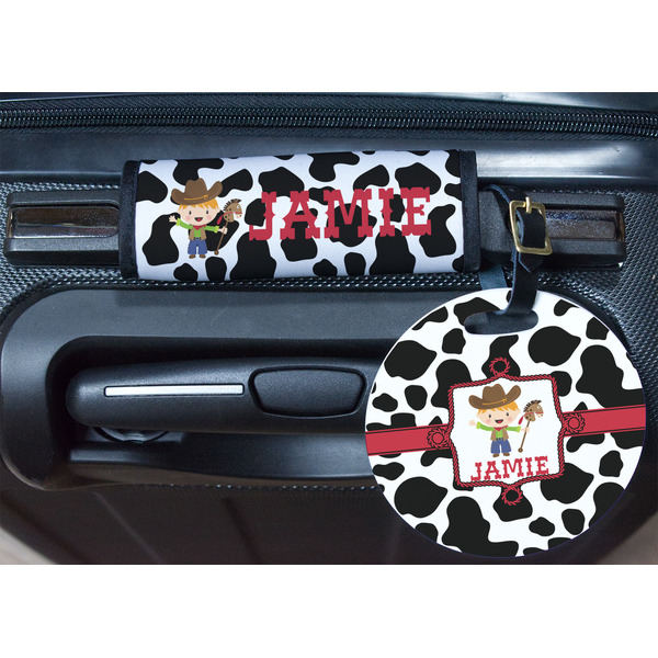 Cowprint w/Cowboy Round Luggage Tag & Handle Wrap - In Context