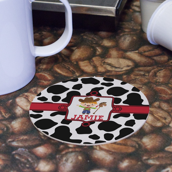 Cowprint w/Cowboy Round Paper Coaster - Front
