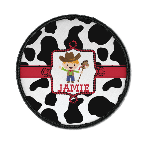 Custom Cowprint w/Cowboy Iron On Round Patch w/ Name or Text