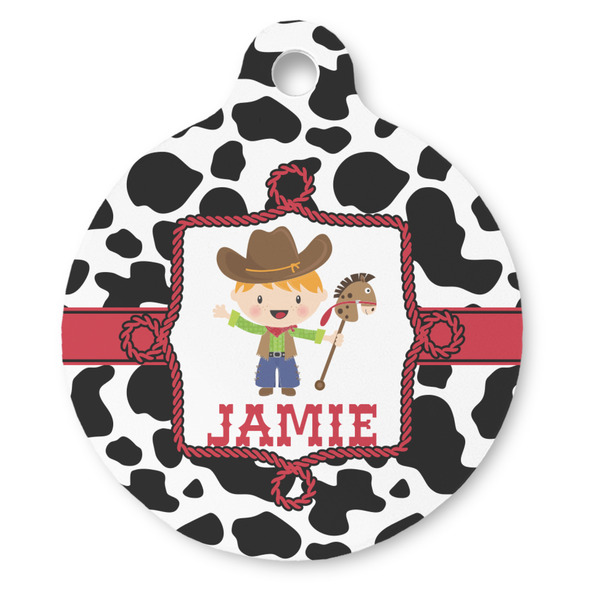 Custom Cowprint w/Cowboy Round Pet ID Tag (Personalized)